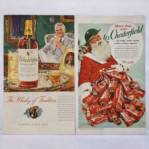 Vtg 1942 Magazine 2-Sided Ad Philadelphia Whiskey Bar & Chesterfield Cigarettes